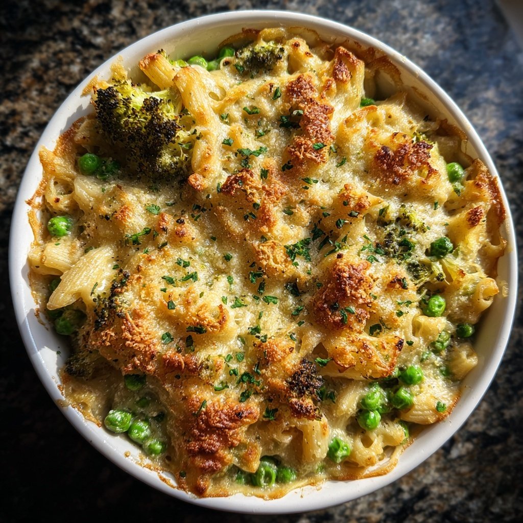 Nudelauflauf mit Brokkoli und Erbsen